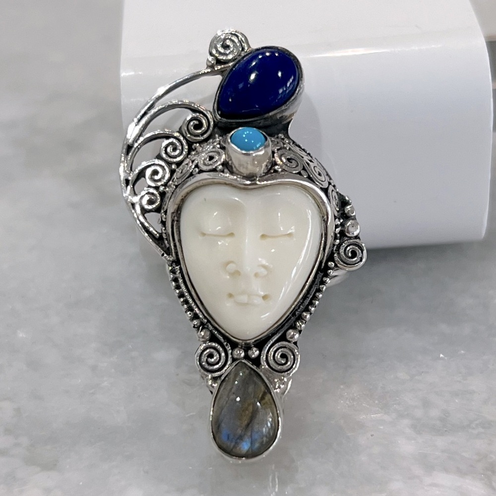 Carved Bone Multigemstone Split Band Sterling Silver Statement Ring